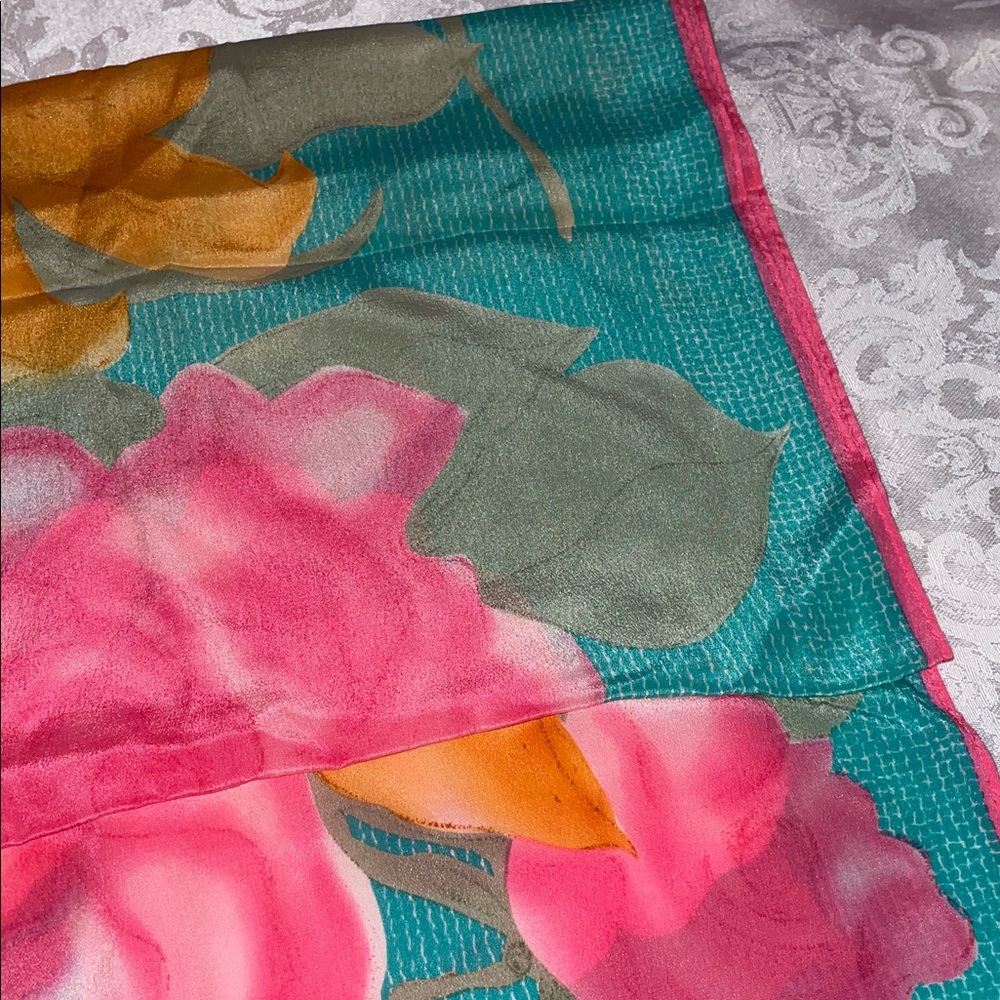 Vintage Floral Scarf with Pink and Orange Flowers - Picture 2 of 2
